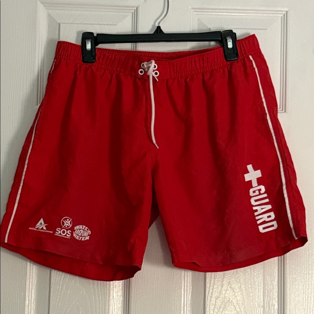 Red Lifeguard Swim Trunks with White Trim